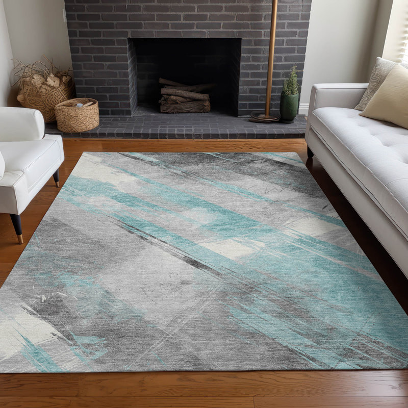 Blue Striped Synthetic Flat Woven 10' x 14' Washable Rug