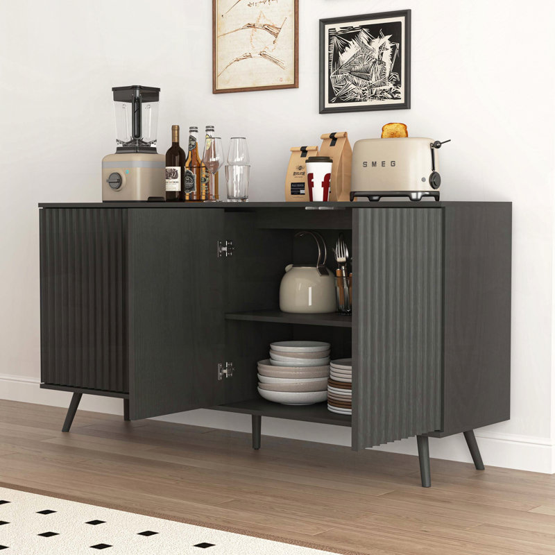 Sideboard Buffet Cabinet with Hexagonal Pattern and Press-Rebound Device, Black