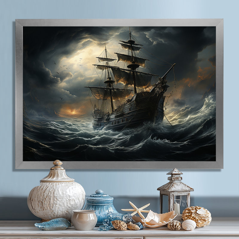 Pirate Ship At Stormy Seas - Art mural encadré pirate, H 12 po x l 20 po x P 1 po, Cadre flottant brun