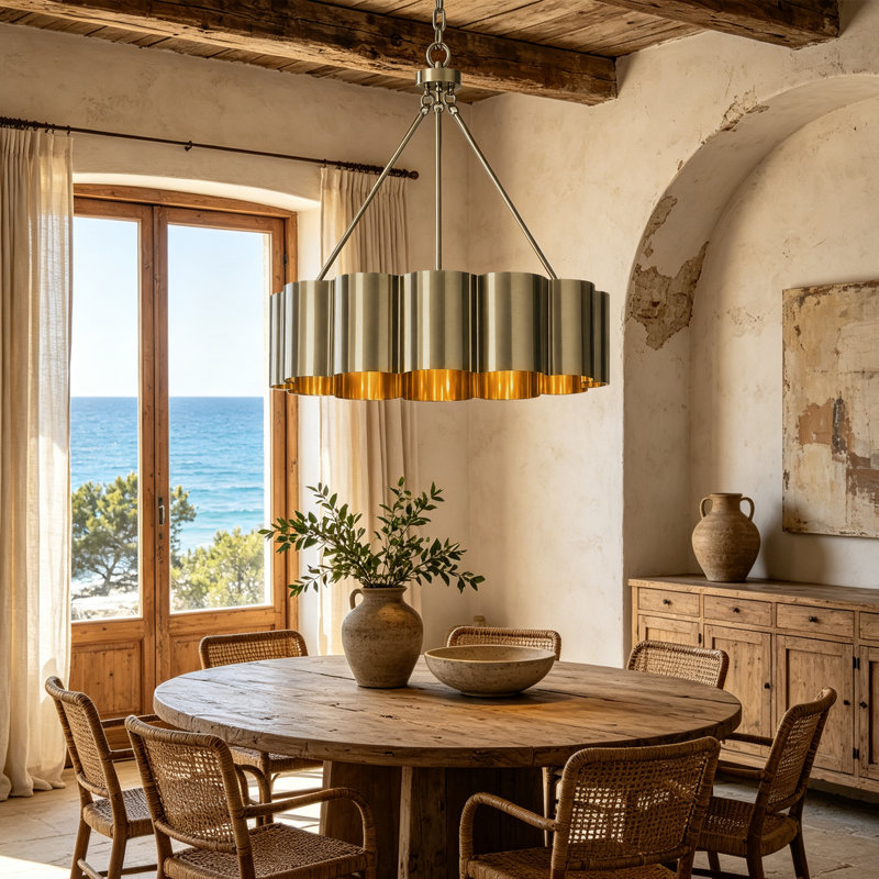 Lustre tambour moderne en laiton poli 4 lumières 25 "avec abat-jour en métal pour salle à manger ou chambre à coucher