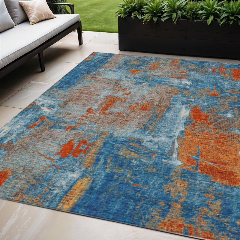Tapis extérieur lavable abstrait bleu marine 5 pi x 8 pi