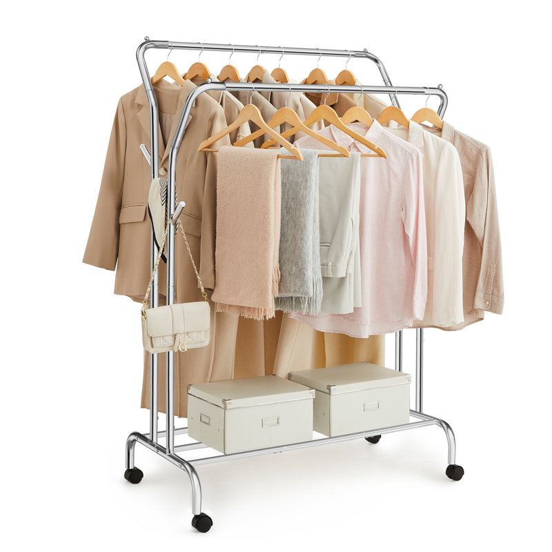 Portant à vêtements, support à vêtements à double tringle avec roulettes, structure en métal robuste, support à vêtements, capacité de charge maximale de 220 lb Capacité totale, 40,7 po de largeur, rangement et présentation des vêtements, argent