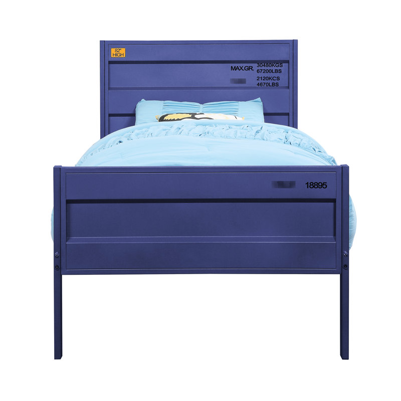 Blue Twin Panel Bed With Cargo Container Style, Metal Frame And Recessed Panels, 21 Slats, No Box Spring Required, Low Profile Fb, Straight Leg, 25 X 50Mm Iron Plate Frame, 330Lbs Capacity, 79In