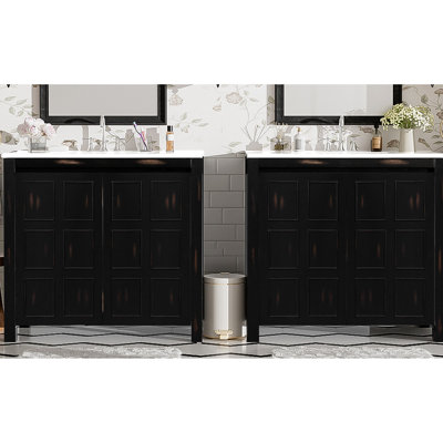 Armoire de salle de bain double 72 po Wymer - Finition, lavabos en céramique, portes, rangement spacieux avec éviers rétro, bois massif, poignées dissimulées, installation facile
