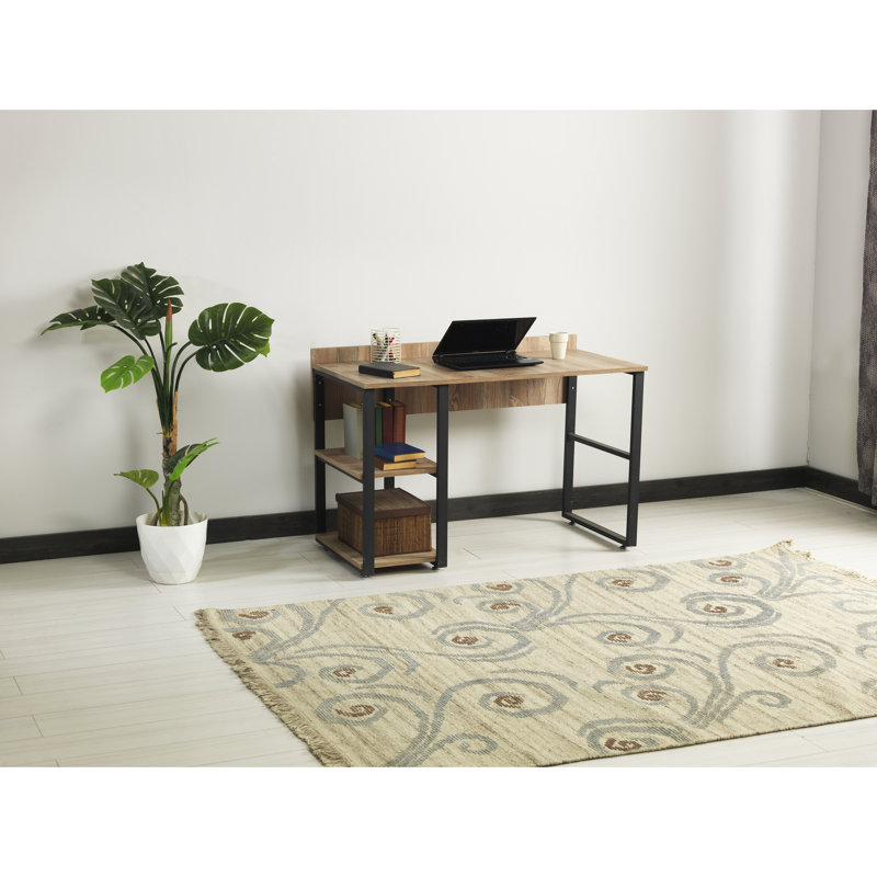 Bureau à structure en métal noir pour espace de travail de bureau à domicile, plateau en bois 58 po, 2 tablettes, bois massif, H 32 po x P 24 po, bureau 45 lb, plateforme, chêne