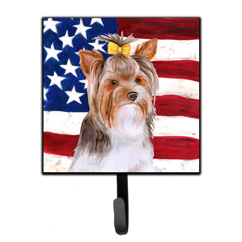 Emrah   Metal Wall Organizer with Key Hooks, Yorkshire Terrier Patriotic, Beige/Grey/Blue