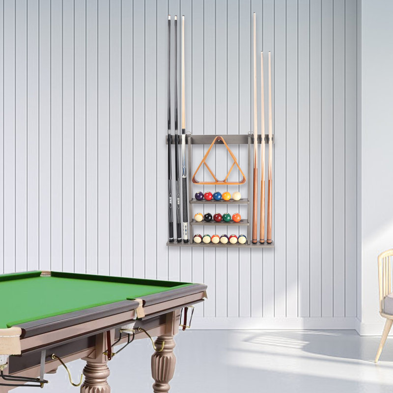 GSE Solid Wood 6 Pool Cue Rack, Billiard Pool Cue Stick Wall Mount Rack Only, Hanging Mounting Rack - Silver Mist