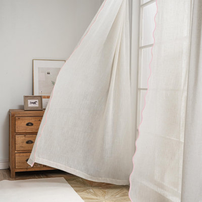 Semi Sheer Scalloped Edge Linen Coastal Beach Window Curtains for Living Room Bedroom 2 Panels Rod Pocket