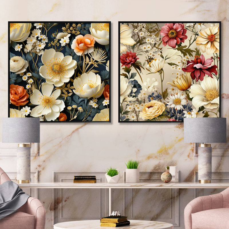 Pfarr - Ensemble de 2 collages floraux carrés, Cadre flottant noir, H 16 po x l 33 po