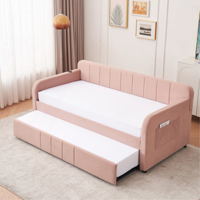 Twin Upholstered Daybed Frame with Trundle, Twin Size Sofa Bed for Bedroom Living Room Guest Room, Wood Slat Support,Pink