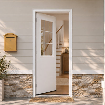 Porte d'entrée avec cadre - verre transparent de 9 Lite et panneau massif, bois massif apprêté blanc, cadre avec coupe-froid préinstallé
