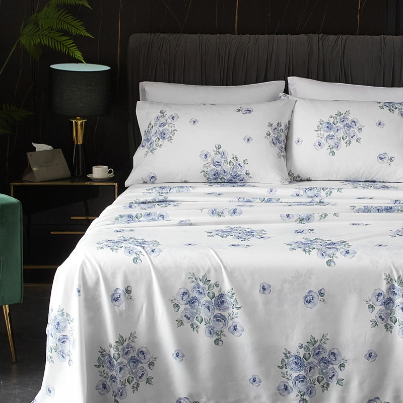 Hyprest Sheets, Soft Breathable Farmhouse Bed Sheet Sets, Deep Pocket Sheets, Blue Floral, King