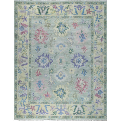 8x10 Green Hand-Knotted Wool Pastel Floral Field Classic Traditional Modern Contemporary Carpet Rug