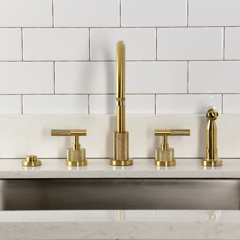 Kingston Brass Convergent Double-Handle 4-Hole Widespread Kitchen Faucet With Knurled Handle 4-Hole And Brass Sprayer