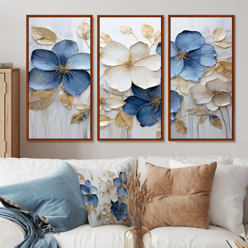 «Blue and Gold Adorned Violets III - Violets», ensemble d'art mural, H 28 po x l 36 po x P 1 po, Cadre flottant brun
