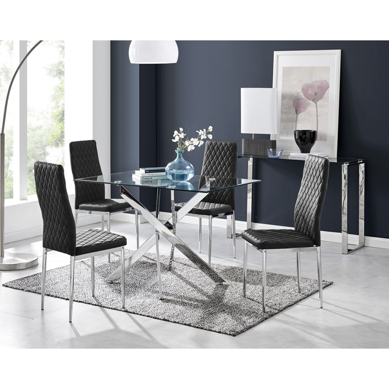 Lenworth Glass Rectangular Dining Table Set with 4 Quilted Velvet Dining Chairs, Black, Silver