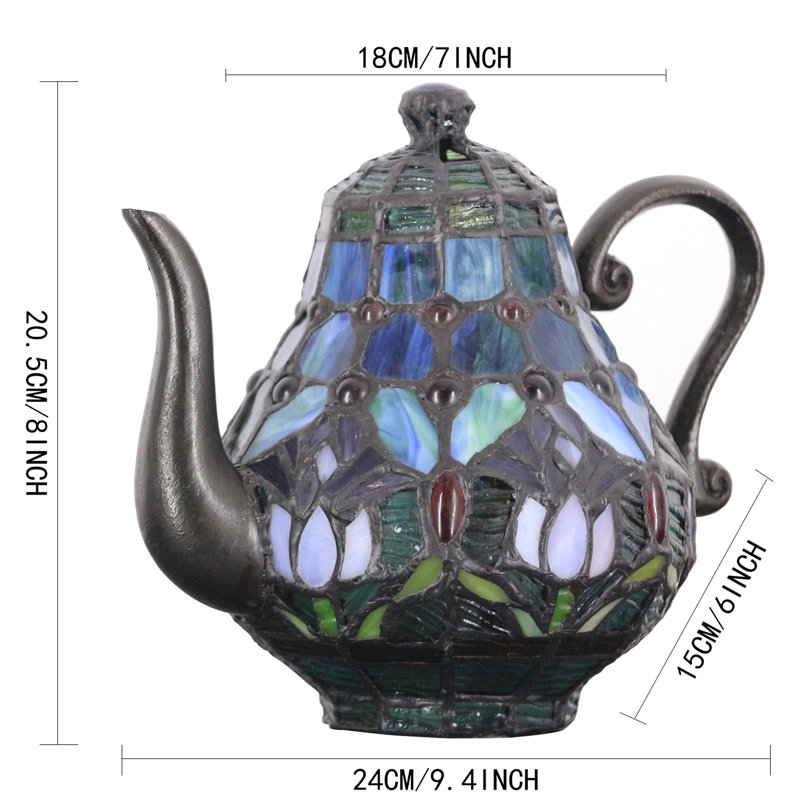 Small Tiffany Lamp Stained Glass Animal Table Lamp Mini Accent Desk Light (Tulip Blue Teapot)