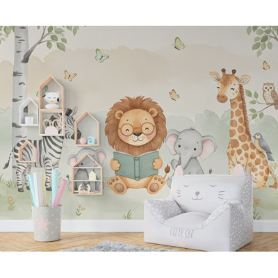 Lion Reading A Book Wall Graphics Zebra Peel And Stick Elephant Room Safari Wallpaper Nursery Giraffe Nursery Wall Decor Mural 575RS (Non-Woven) RS575