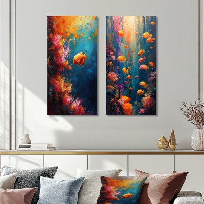 Blue Orange Coral Marine Fish Life I – Scenic 2 Piece Metal Wall Art Print