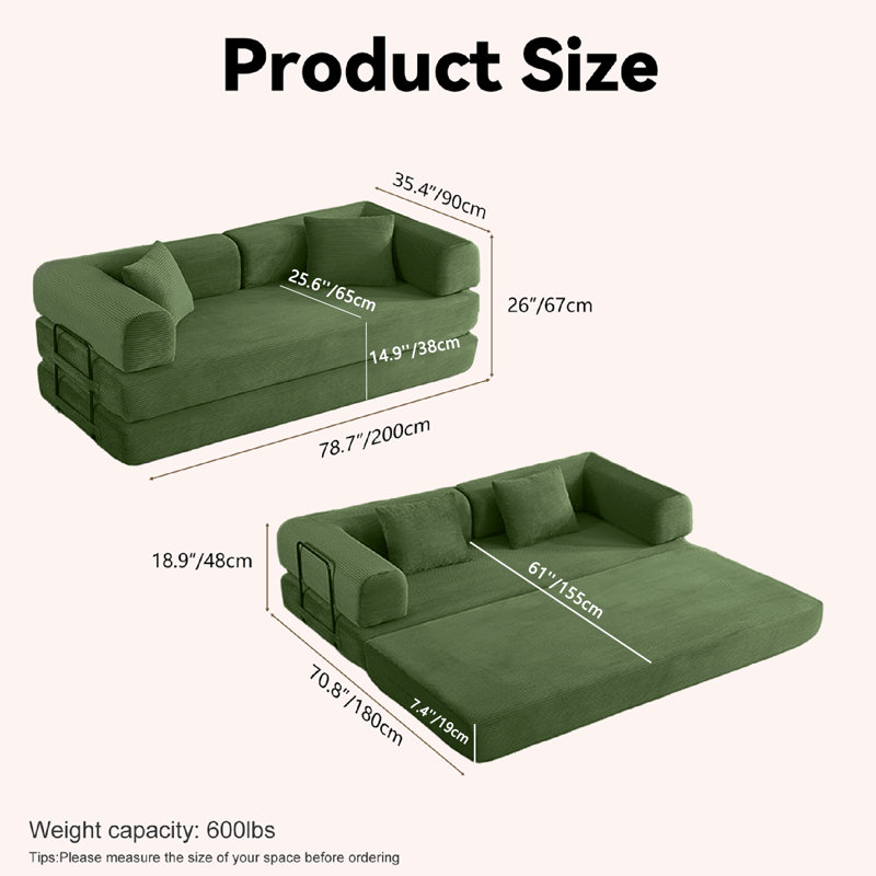 Canapé futon 2-en-1 pliable avec coussins amovibles, Vert d’armée