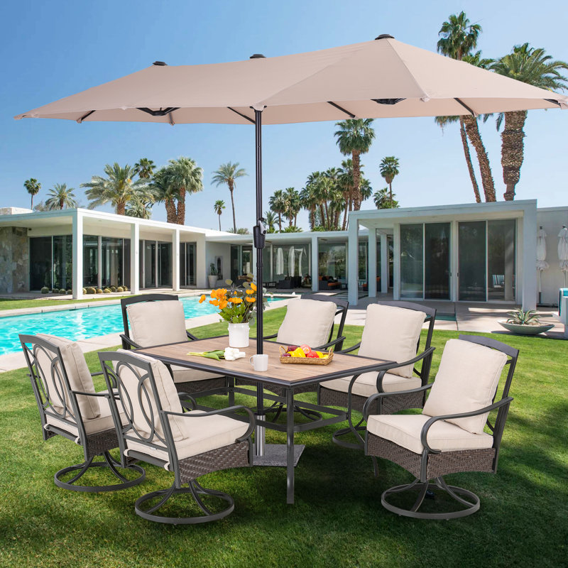 Alyah 6 - Person Wicker Patio Dining Set with Rectangular Table , Cushions Included, Beige