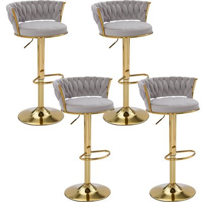 Ensemble de 4 tabourets de bar modernes en velours tissé, réglables en hauteur, pivotants et avec dossier, chaises de bar rembourrées avec base dorée pour cuisine, bar ou salle à manger.