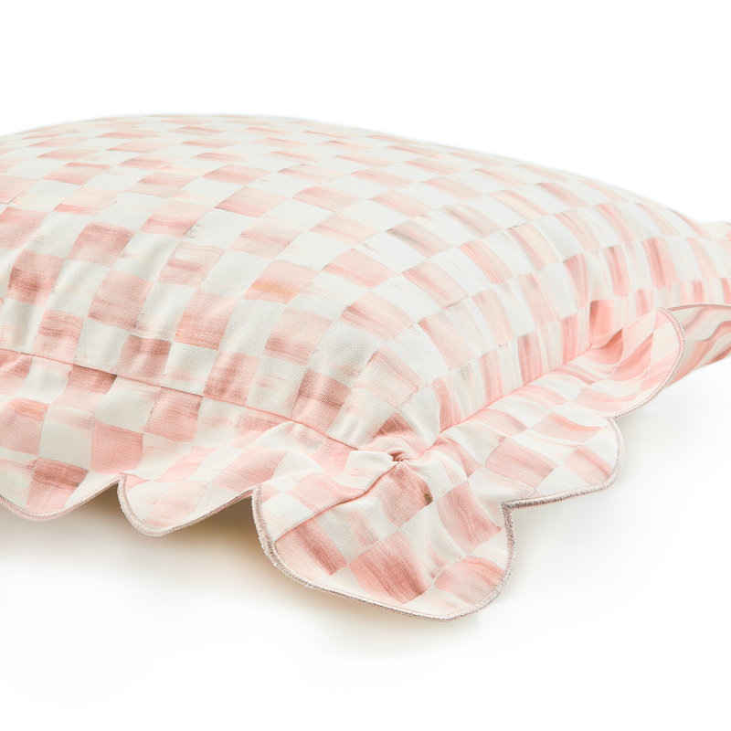 Rosy Check Reversible Scalloped Pillow, Rectangle 6"H x 14"W, Light Pink/White