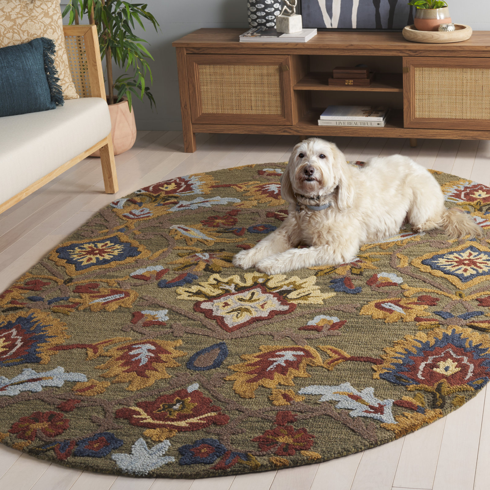 Tansy Handmade Wool Green / Multi Rug, Oval 5' x 8'