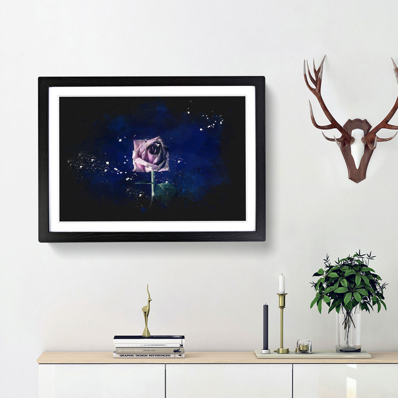 Dying Purple Rose Paint Splash - Framed Print, 45cm H x 63cm W x 2cm D, Black Framed
