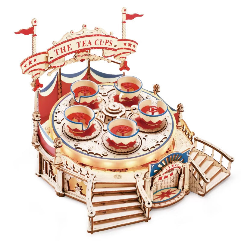 ROKR Magic Amusement Teacups Tilt-A-Whirl Ride Wooden Toy DIY Music Box Moveable 3D Wooden Puzzle For Kids Gifts For Christmas