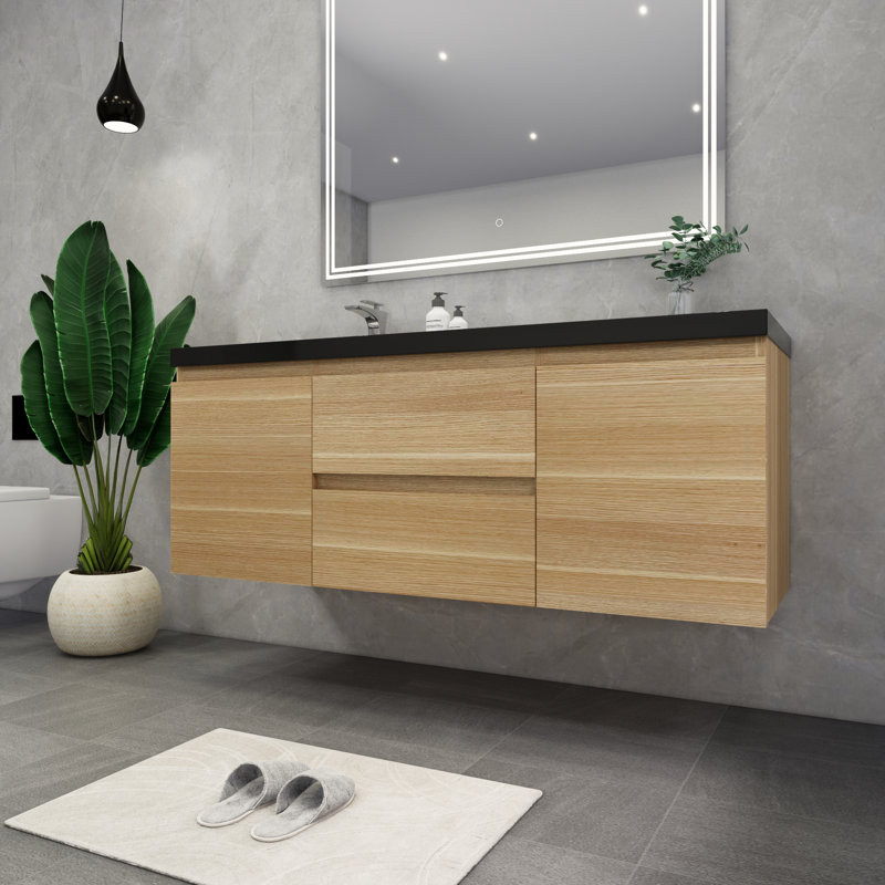 Castin 60" Wall-Mounted Single Left Sink Bathroom Vanity Set, Light Oak