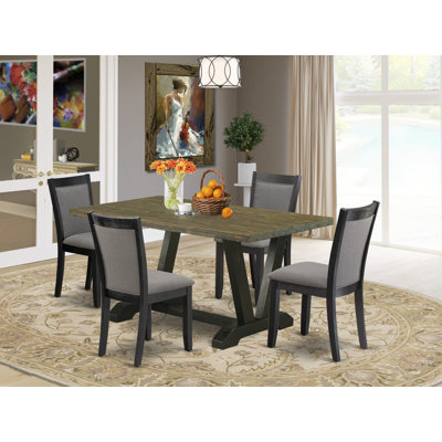 5-Pc Kitchen Dining Table Set Includes a Distressed Jacobean Wooden Table and 4 Dark Gotham Grey Linen Fabric Mid Century Chairs with High Back - Wire Brushed Black Finish