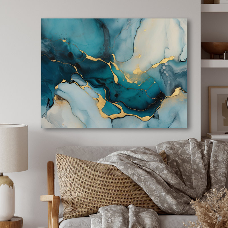 Décoration murale en métal turquoise infusé or IV - Fractales, H 16 po x l 32 po