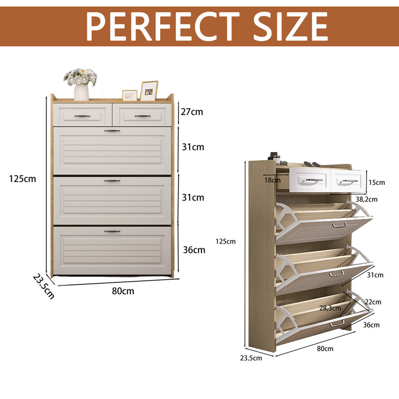 Multi Functional Narrow Flip Shoe Cabinet With 3 Doors 2 Drawers, Save Space, Suitable For Entryway And Corridors(oak Colour)
