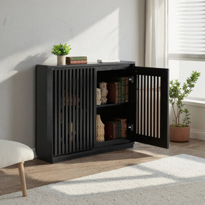 Mid-century Fluted Hollow-out Sideboard Cabinet – Black Buffet With 12 Solid Wood Strips & Outlet Holes For Living Room
