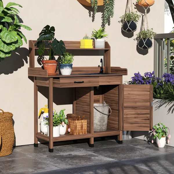 Potting Bench Table with Sink, Outdoor Work Bench Table with Storage Cabinet and Hooks, for Greenhouse, Garden, Patio, Dark Brown
