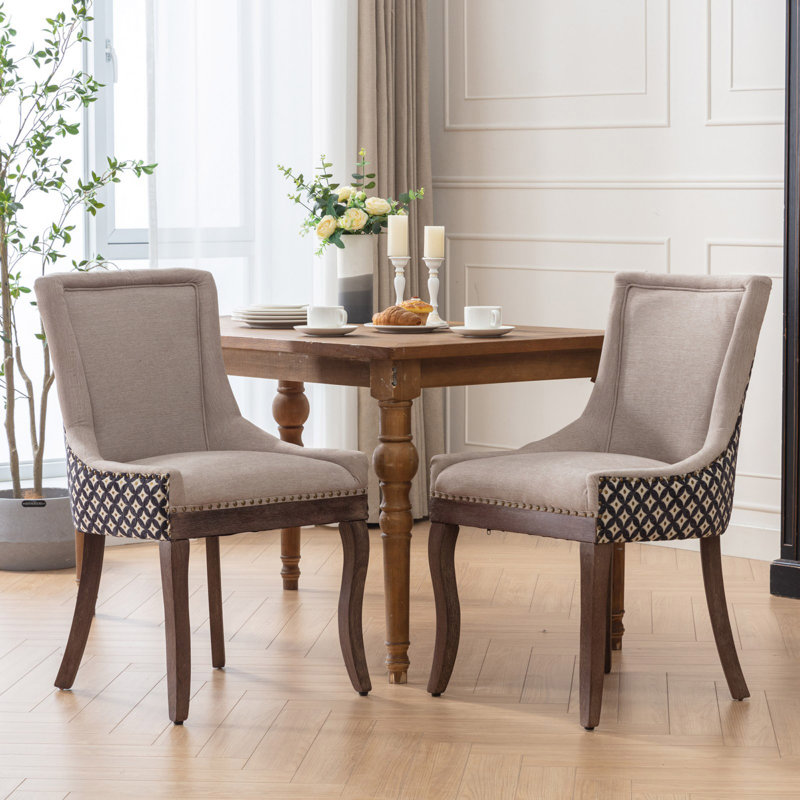 Ultra Side Dining Chair, Thickened fabric chairs with neutrally toned solid wood legs, Bronze nail head, Set of 2