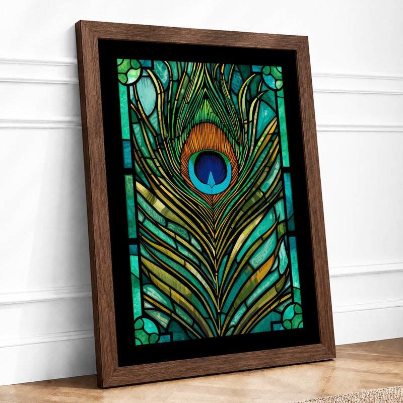 Peacock Feather Panel Art Deco - Framed Print, A4 - 29.7 x 21.0 cm, Walnut