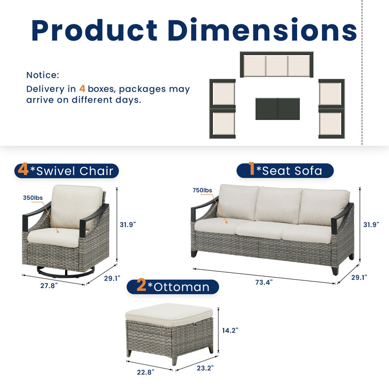 Ensemble de conversation d'extérieur pour 7 personnes avec coussins Brinsley, Beige