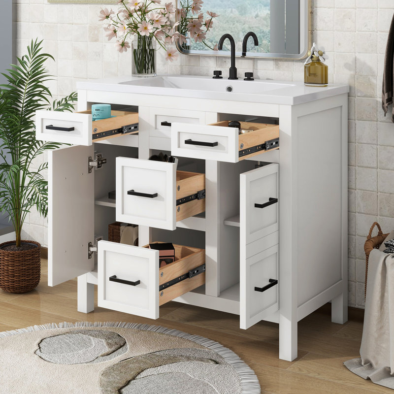 Meuble-lavabo de salle de bain avec lavabo intégré en résine, Blanc