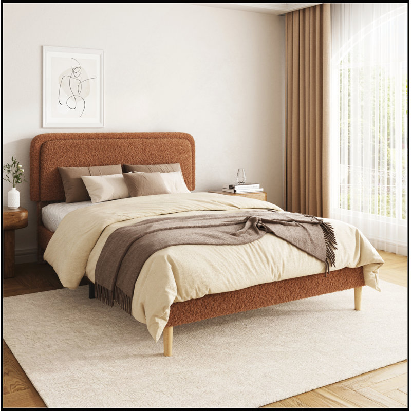 Lit plateforme double rembourré en peluche avec tête de lit réglable en hauteur, structure en acier robuste, compatible avec les matelas sans ressorts