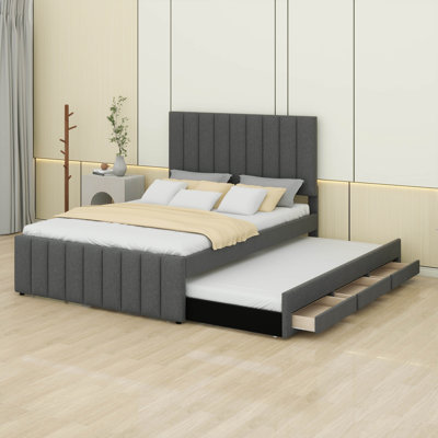 Lit double avec 3 tiroirs de rangement et lit gigogne simple, lit plateforme tapissier avec tête de lit capitonnée pour enfants, adolescents, adultes