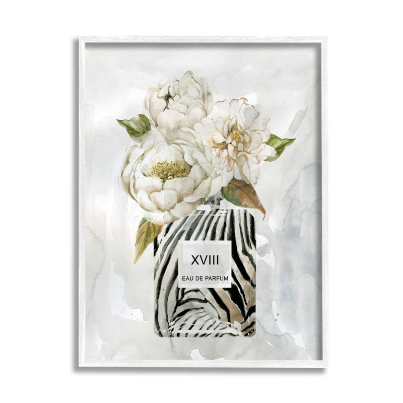 Bouteille de parfum White Glam Pe pivoine Bouquet, H 20 po x l 16 po x P 1,5 po, Giclée encadrée blanc bord de mer