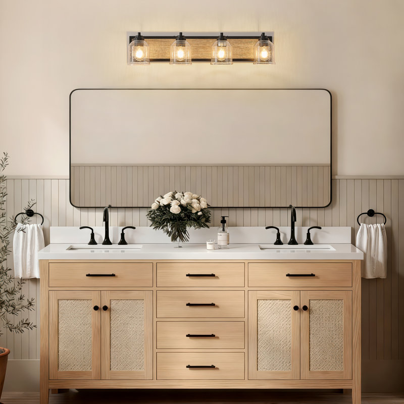 Miroir de salle de bain 4 lumières avec abat-jour en verre grainé et auvent en grain de bois Farmhouse, Quatre lumières