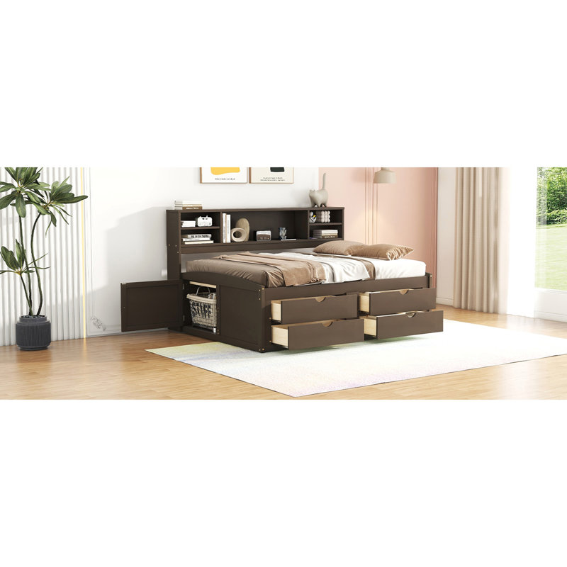 Lit double en bois avec lit gigogne simple, Brun antique