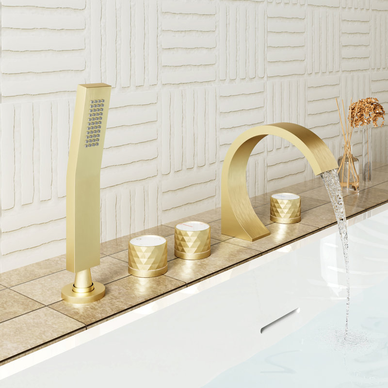 3 Handles Deck Mounted Bathroom Tub Faucet Trim with Handshower, Brushed Gold