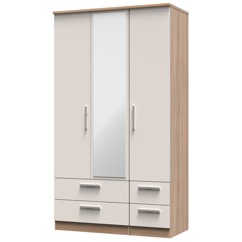 Borgeson Tall Triple 4 Drawer Mirror Wardrobe, 182" H x 111" W x 53" D, Kashmir Gloss/Bardolino Oak