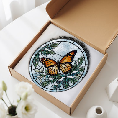 Butterfly Branch Stained Glass Window Panel，12"H