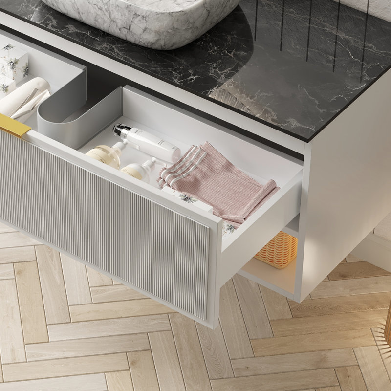 Armoire de salle de bain flottante murale blanche 48 pouces avec tablette ouverte à DEL