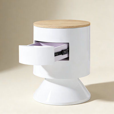 White High Gloss and Natural 1-drawer Drum Nightstand